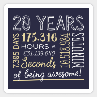 20th Birthday Gifts - 20 Years of being Awesome in Hours & Seconds Magnet